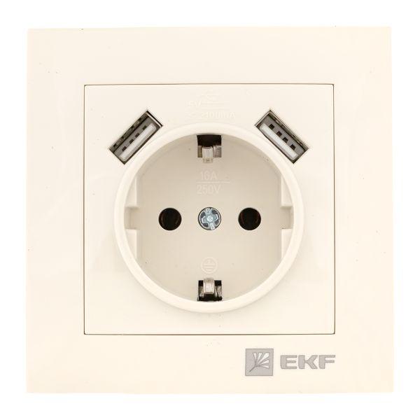 Розетка 1-м СП Валенсия 16А IP20 с заземл. защ. шторки с 2-мя заряд. устройствами USB 2.1А крем. PROxima EKF EWR16-028-20-2USB