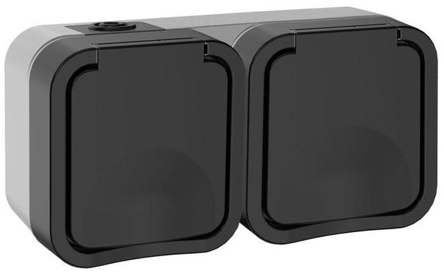 Розетка 2-м ОП TORS 16А IP55 TS122 горизонт. с заземл. с крышкой графит IEK TS-R26-16-55-G-K53