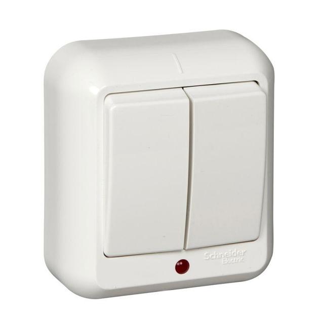 Выключатель 2-кл. ОП Прима 6А IP20 250В с подсветкой с монтаж. пластиной бел. (розн. упак.) SchE A56-007M-BI