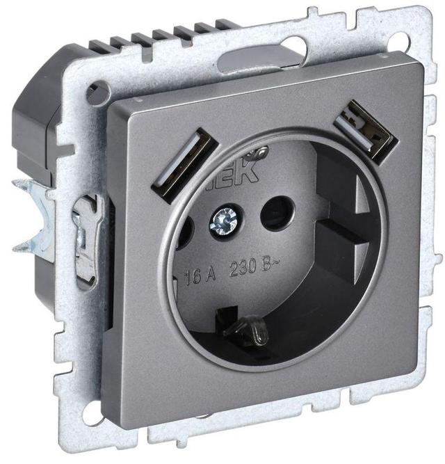 Розетка BRITE РЮш10-2-БрС 16А с USB A+A 3.1А с заземл. защ. шторки сталь IEK BR-R14-16-U21-D31-K46
